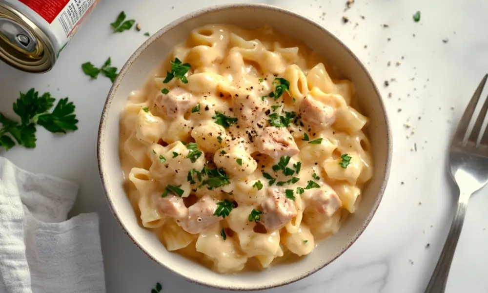 A bowl of creamy tuna pasta garnished with parsley, showcasing a simple and delicious Tuna Helper recipe made with canned tuna