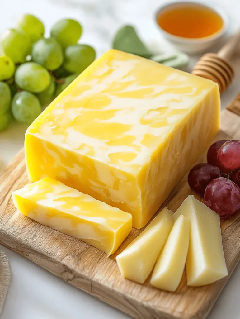 Colby Jack cheese block with a vibrant marbled texture, served with grapes, honey, and wooden board accents