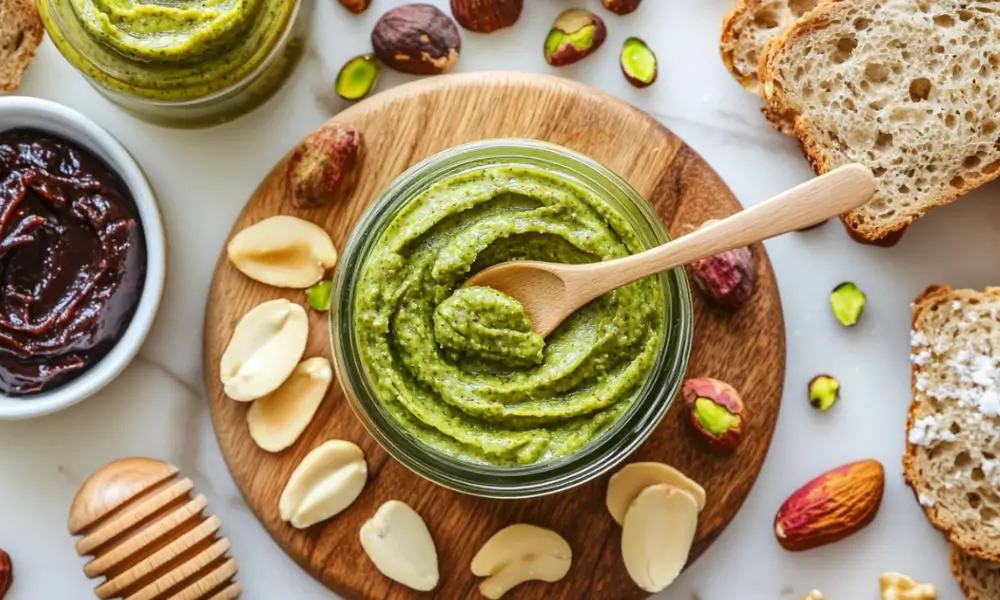 Jar of pistachio butter with a wooden spoon, surrounded by bread slices, chocolate spread, and fresh pistachios on a marble background.