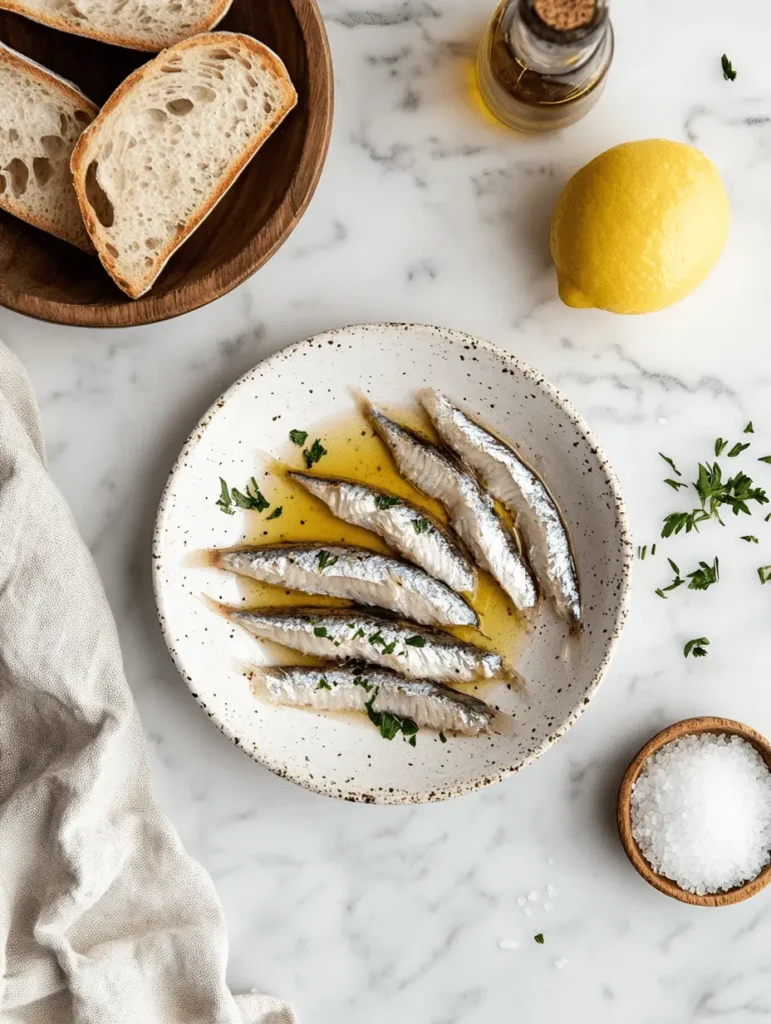 A rustic Mediterranean plate of boquerones garnished with olive oil and parsley, served alongside artisan bread and a fresh lemon on a marble countertop