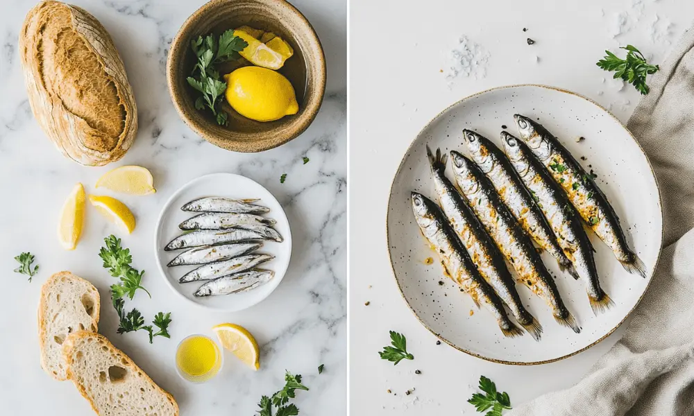 Fresh boquerones on a white plate garnished with parsley and lemon slices alongside artisan bread and olive oil on a marble surface