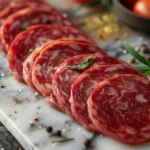 Thinly sliced beef soppressata arranged on a white marble board, garnished with fresh rosemary and cracked peppercorns.