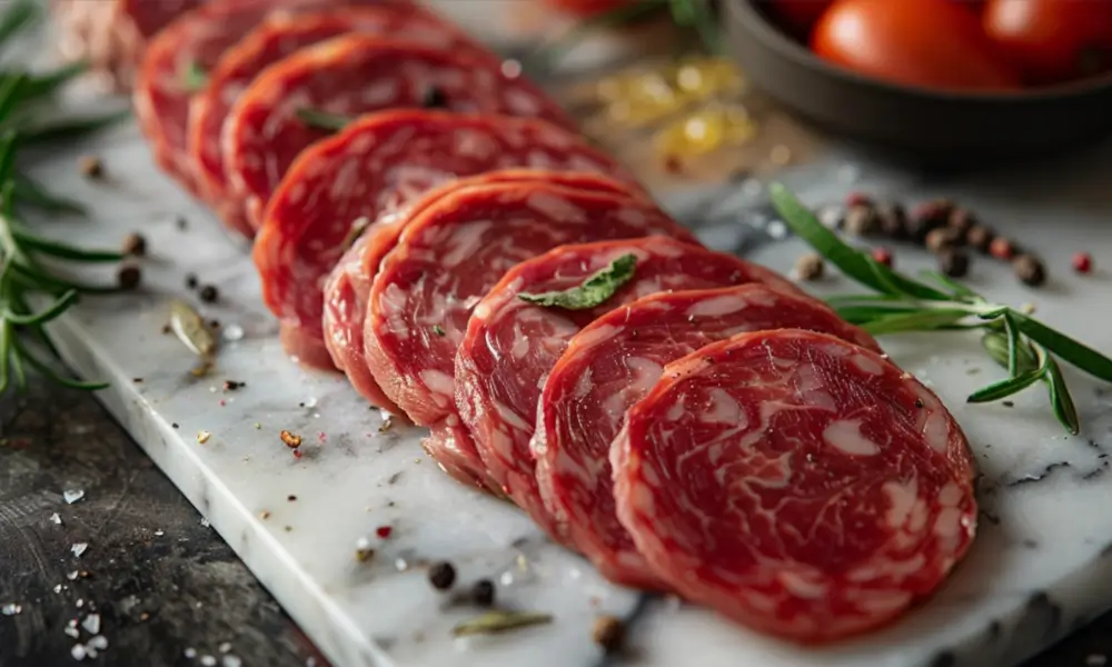 Thinly sliced beef soppressata arranged on a white marble board, garnished with fresh rosemary and cracked peppercorns.