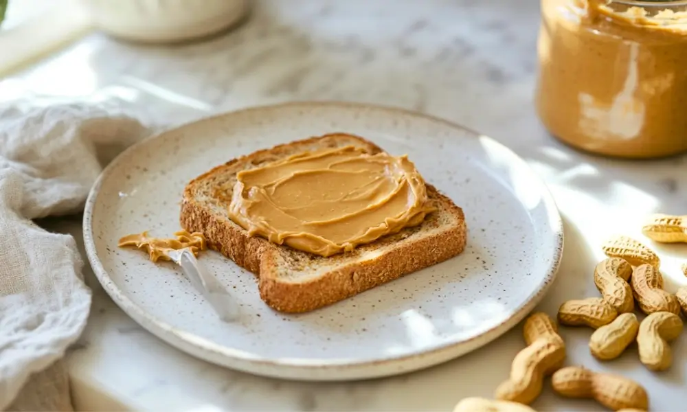 Low FODMAP peanut butter spread on whole-grain toast on a white speckled plate, surrounded by peanuts on a marble surface