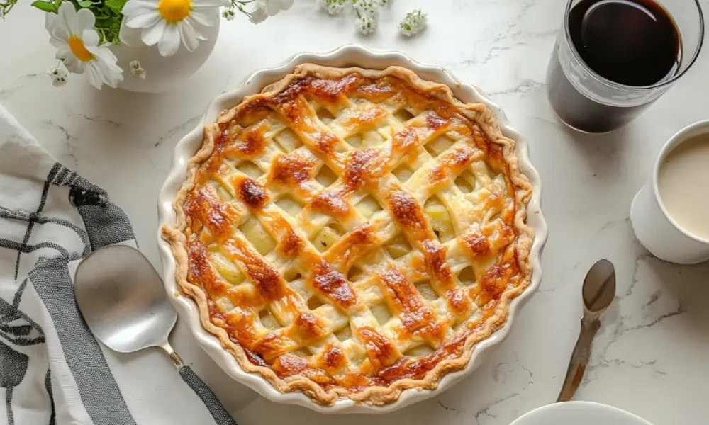 Homemade Passover Potato Pie served on a white marble table with coffee and flowers