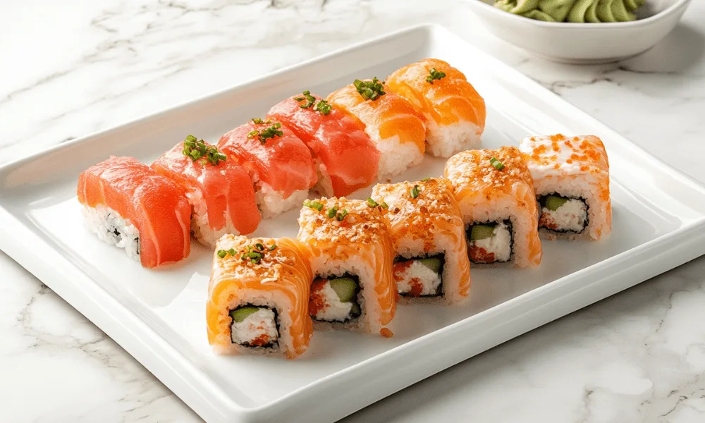 Comparison of Philadelphia rolls and Alaska rolls on a white tray, highlighting sushi with salmon, cream cheese, avocado, and crab meat garnishes