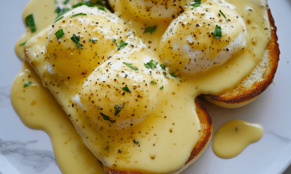 Poached eggs on toasted bread drizzled with rich lemon beurre blanc sauce and garnished with freshly chopped herbs