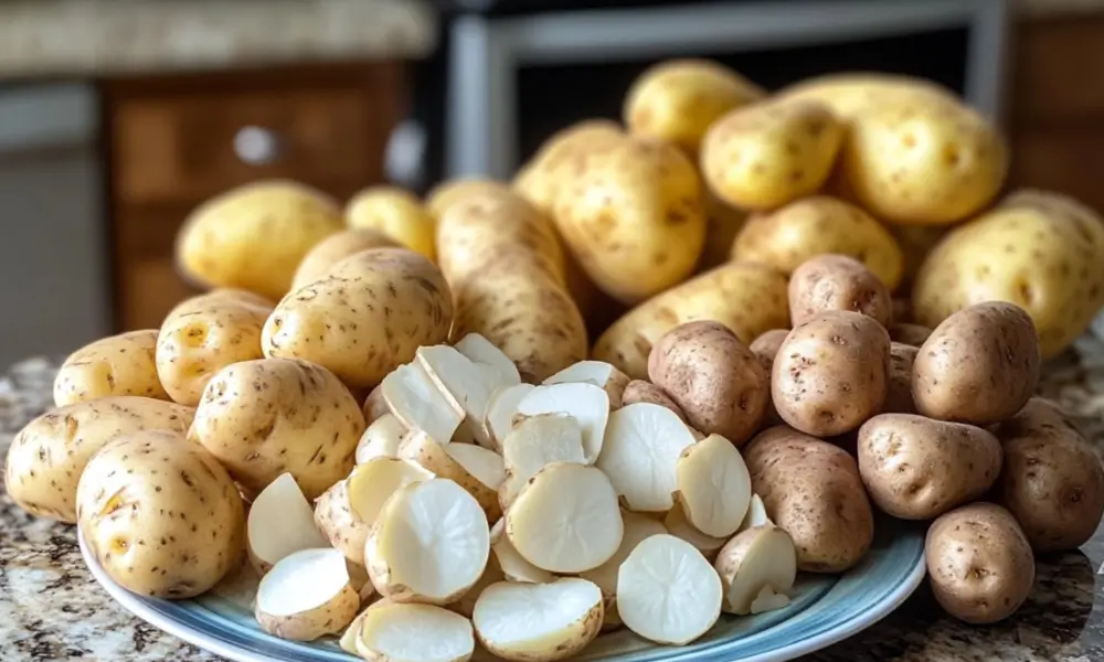 Russet potatoes and Yukon Gold potatoes on a kitchen counter, showcasing whole and sliced varieties