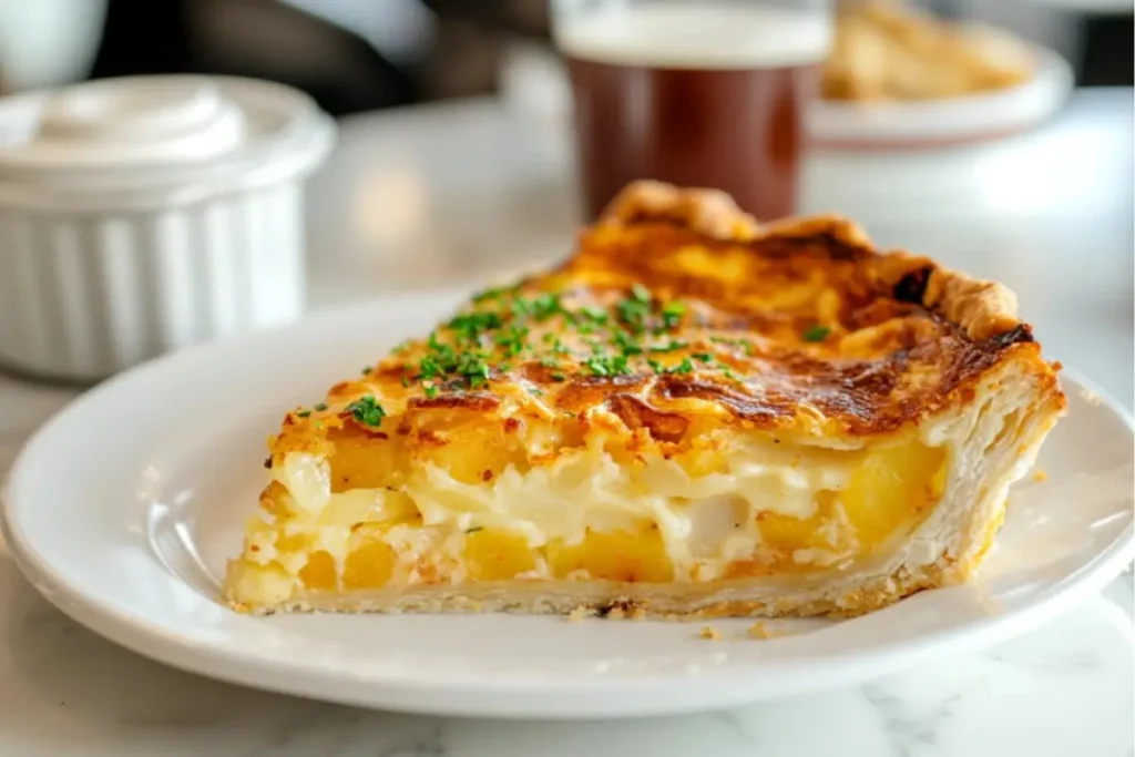 A slice of Passover Potato Pie garnished with parsley served on a white plate