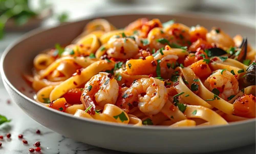 Tagliolini pasta with shrimp and cherry tomatoes, garnished with fresh parsley and red pepper flakes, served in a ceramic bowl on a white marble countertop