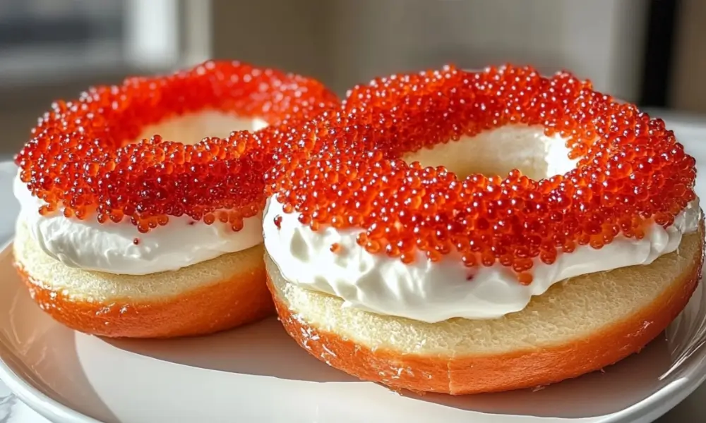 Bagels topped with cream cheese and vibrant red Tobiko roe on a plate