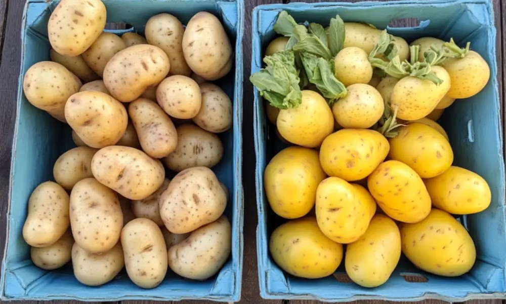 Two blue crates showcasing yellow potatoes and Yukon Gold potatoes side by side, highlighting their differences in color and texture