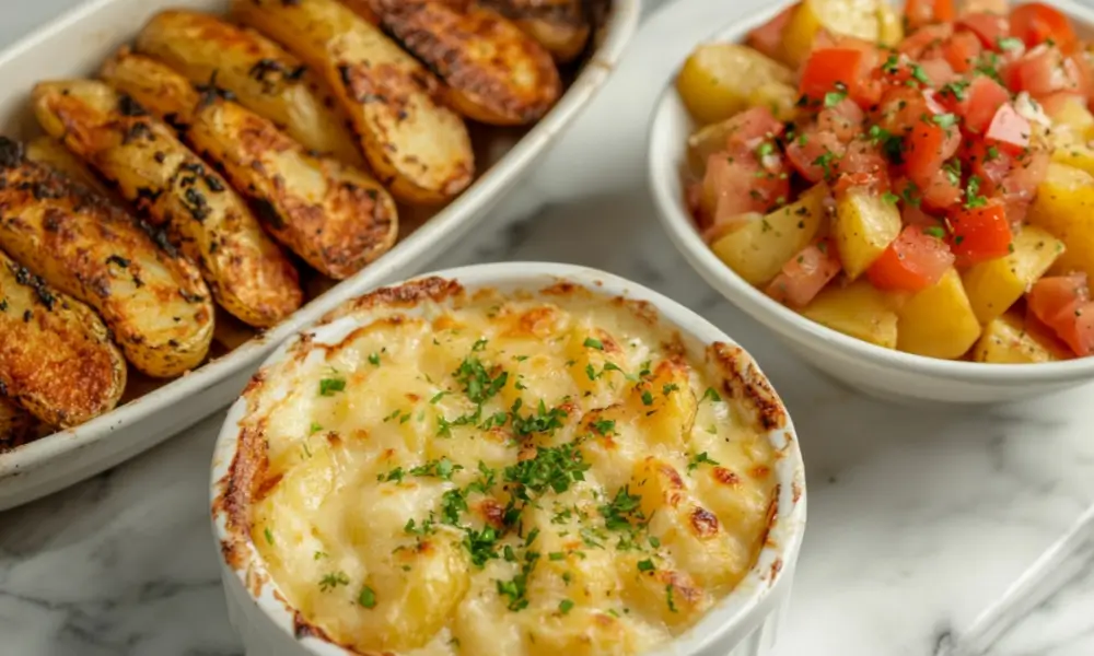 Yukon Gold potatoes baked, roasted, and served as a creamy gratin with fresh herbs and diced tomatoes on a white marble background