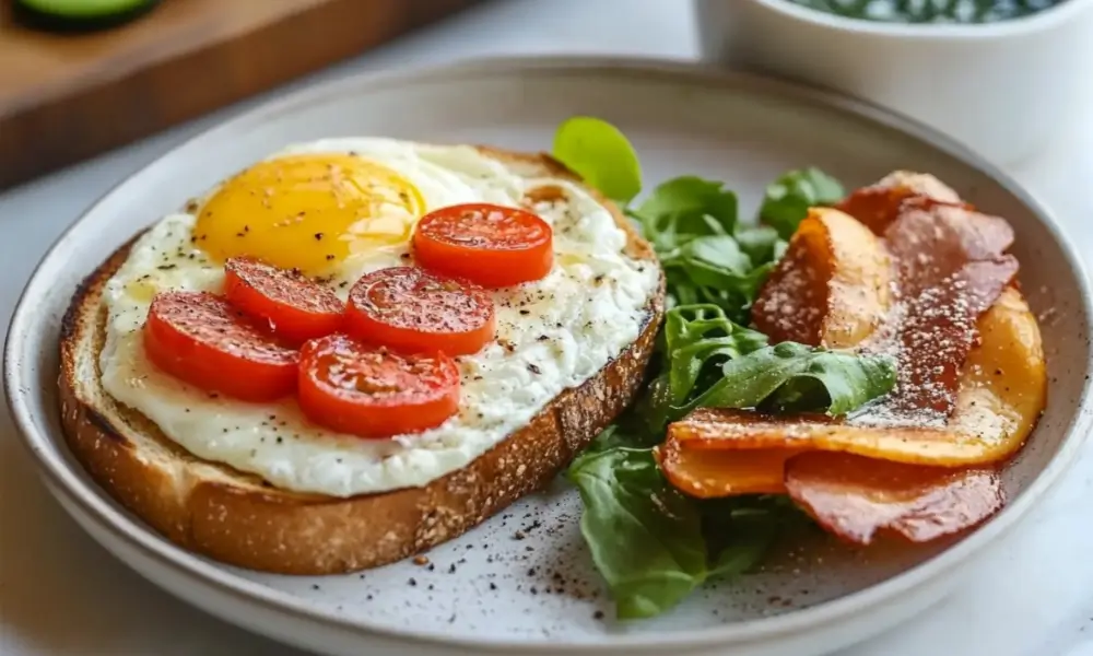 A delicious low FODMAP breakfast featuring a fried egg on toast with cherry tomatoes, crispy beef, and fresh arugula.