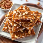 Stack of homemade peanut brittle with a glossy caramelized finish, topped with roasted peanuts, served on a ceramic plate.
