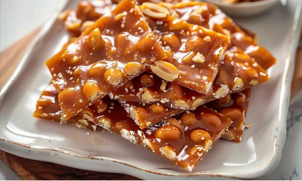 Golden homemade peanut brittle stacked on a rustic ceramic plate, showcasing a glossy caramelized finish with crunchy roasted peanuts.