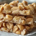 Stacked pieces of keto peanut brittle packed with roasted peanuts in a golden, sugar-free caramel coating