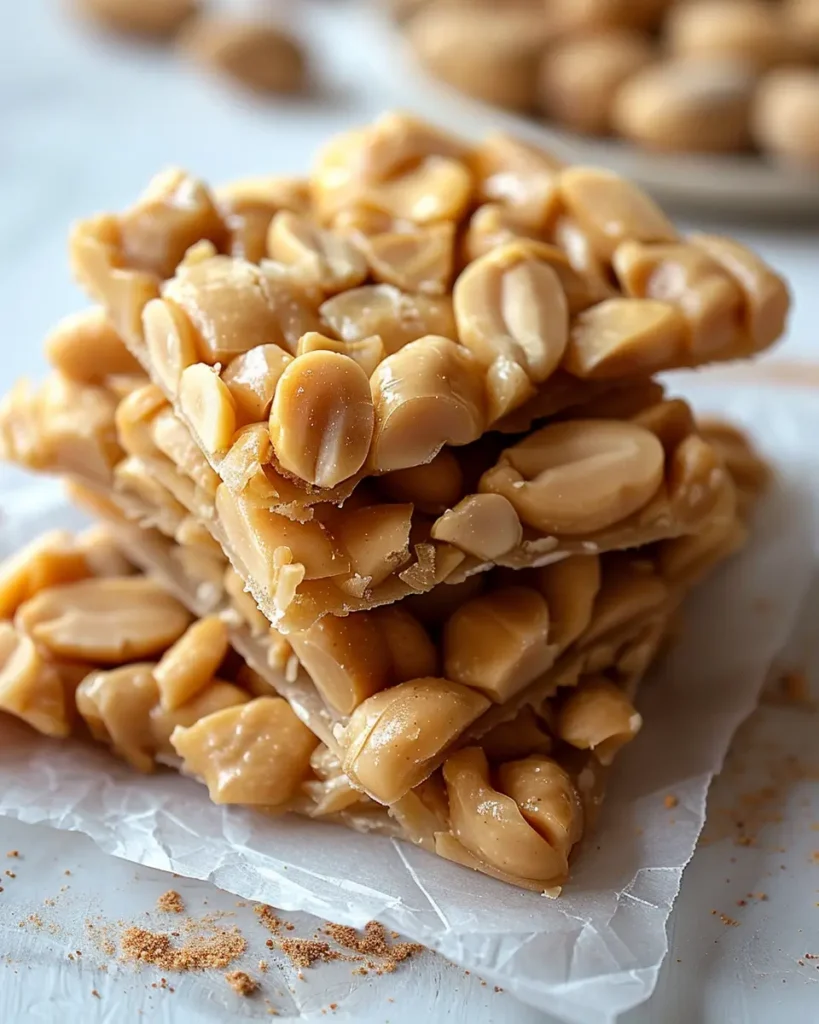 Glossy, golden pieces of keto peanut brittle stacked on parchment paper with visible roasted peanuts.