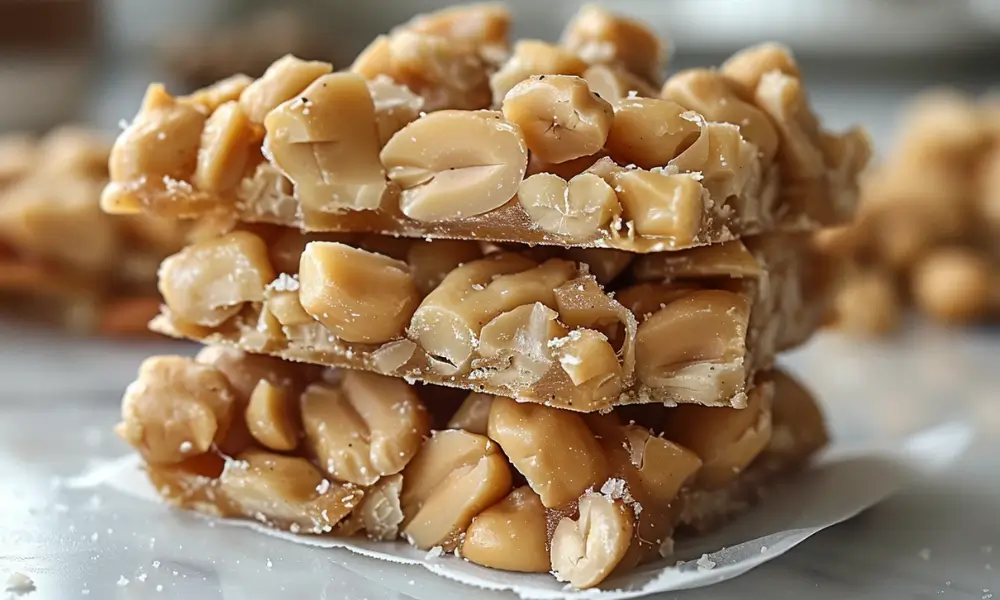 Stacked pieces of keto peanut brittle packed with roasted peanuts in a golden, sugar-free caramel coating
