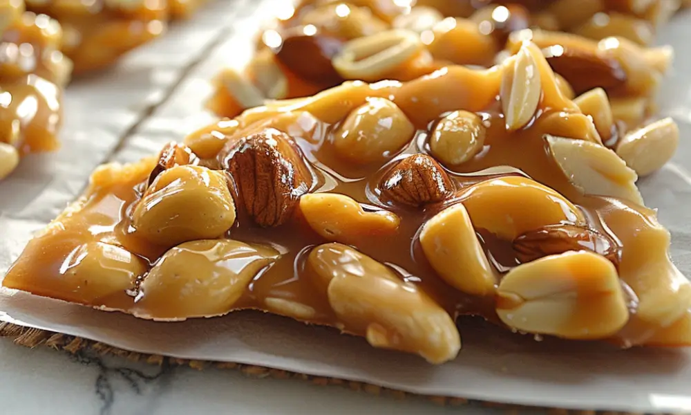 spicy peanut brittle with glossy caramel coating, featuring whole almonds and peanuts on parchment paper