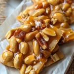 Top-down view of spicy peanut brittle with glossy caramel and whole roasted peanuts on parchment paper.