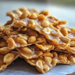 Golden shards of sugar-free peanut brittle stacked on parchment paper, showing roasted peanuts and glossy, crisp texture
