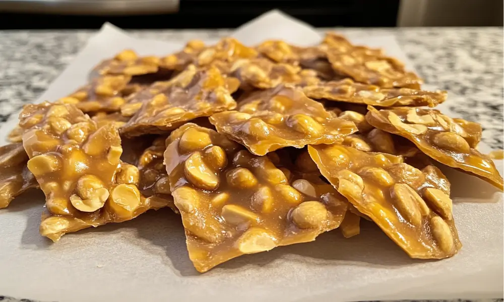 Golden sugar-free peanut brittle with roasted peanuts, broken into crunchy shards on parchment paper.