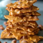 all stack of golden vegan peanut brittle with crunchy roasted peanuts and a glossy finish.