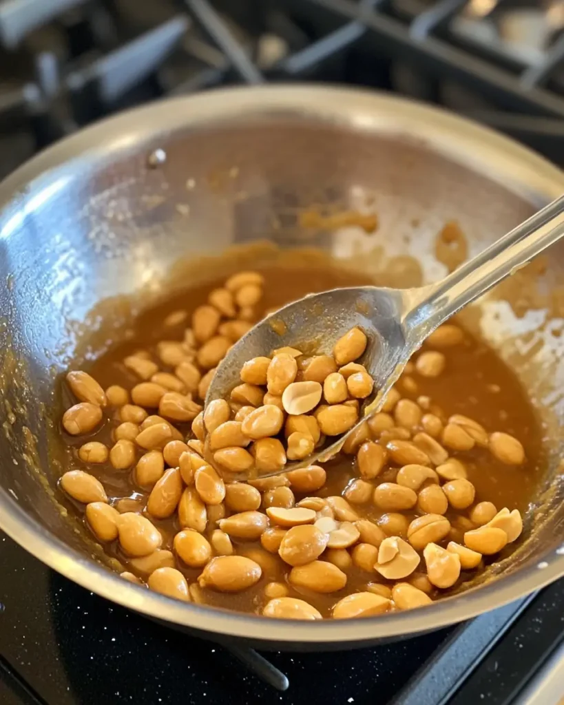 Peanuts being stirred into hot caramel syrup in a saucepan, just before adding vegan butter and baking soda for brittle