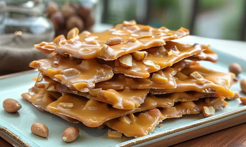 Crispy vegan peanut brittle stacked on a light blue plate, loaded with golden caramel and roasted peanuts