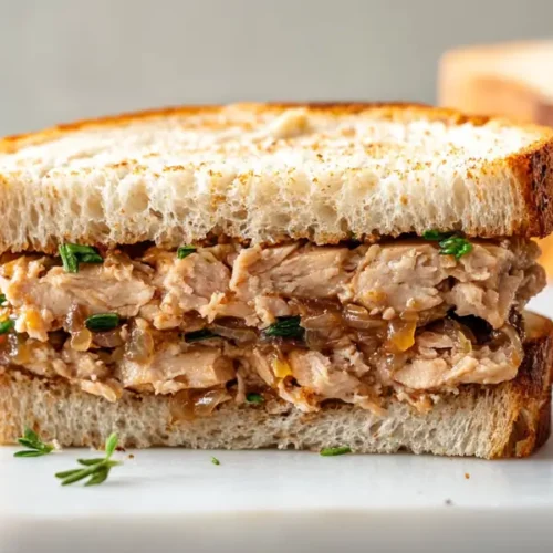 Buona Beef Tuna Genovese copycat sandwich on marble counter
