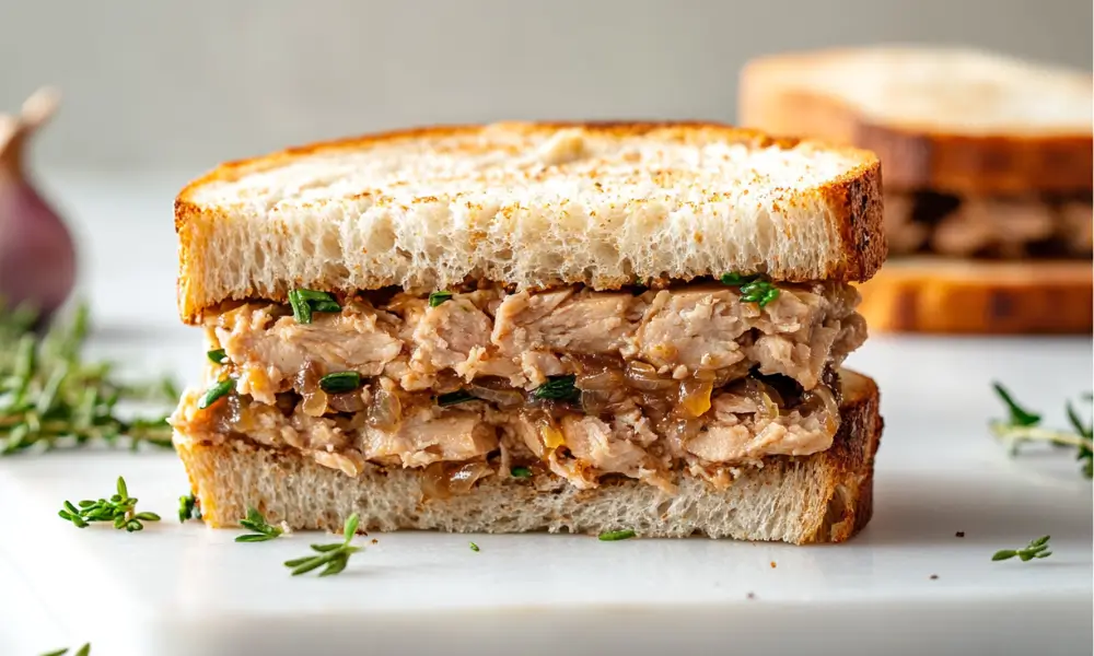 Buona Beef Tuna Genovese copycat sandwich on marble counter