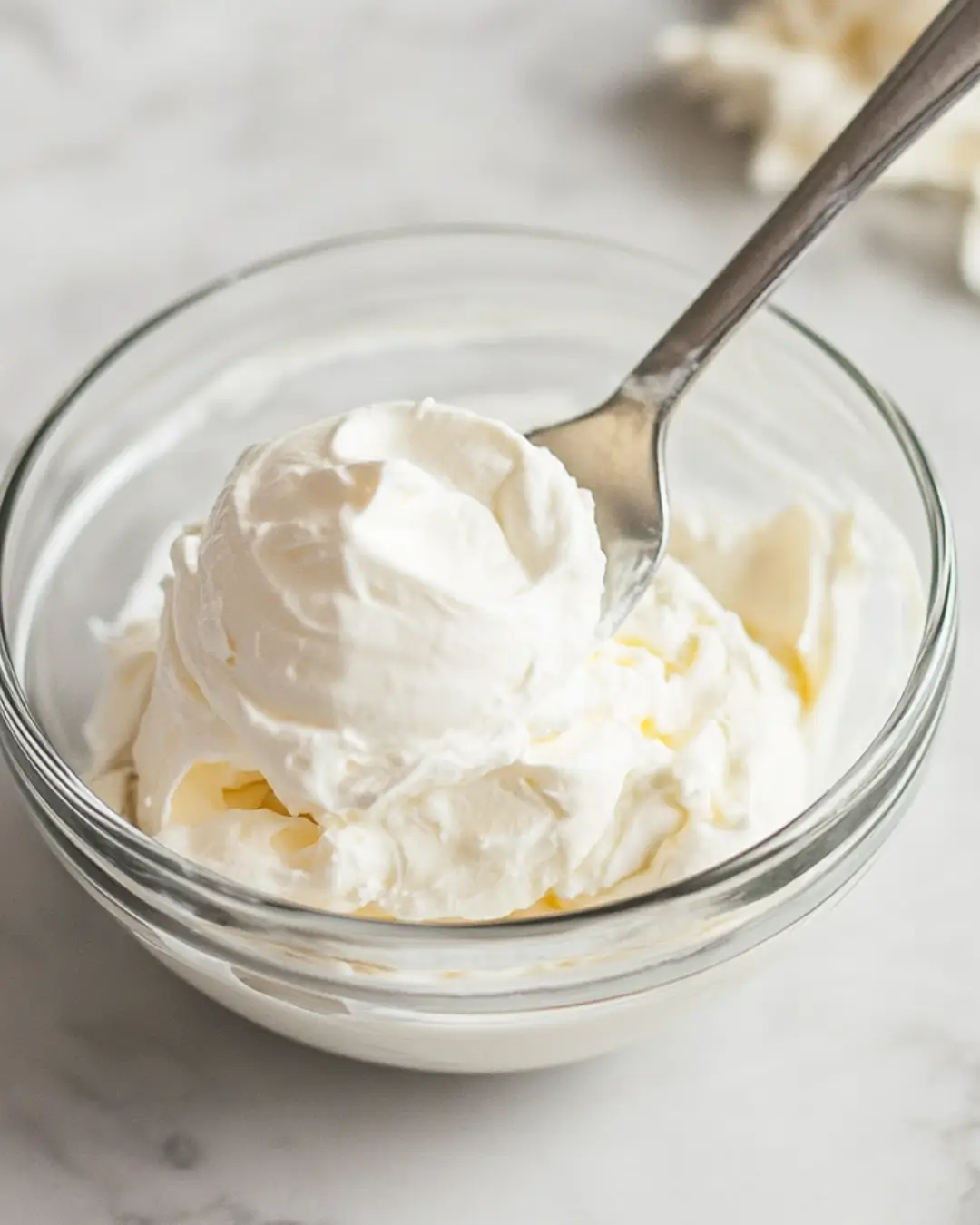 Thick mascarpone cream scooped in a glass bowl, ready for layering in tiramisu or Italian desserts