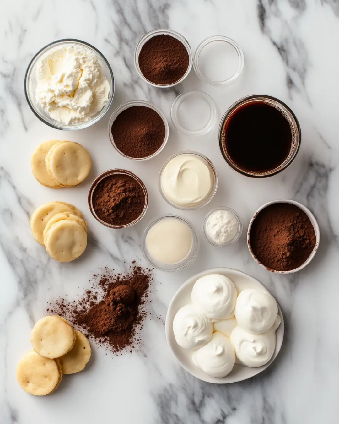 Flatlay of mini tiramisu cup ingredients including mascarpone, cocoa powder, espresso, whipped cream, and cookies on a marble surface.