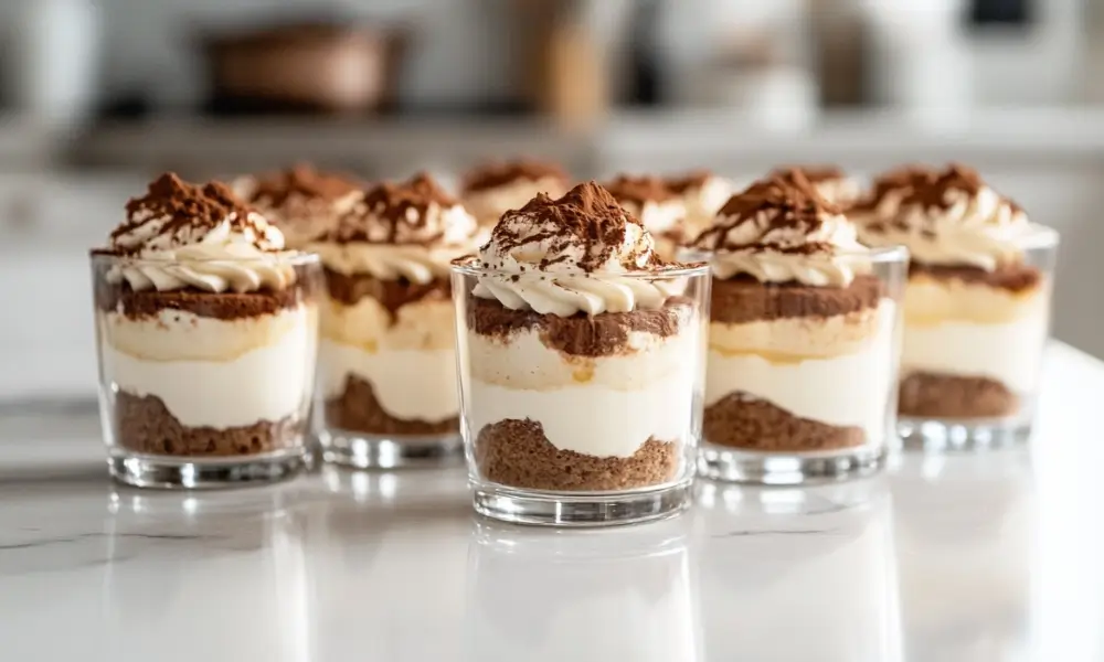 Mini tiramisu cups layered with mascarpone cream, coffee-soaked sponge, and cocoa powder served in clear dessert glasses