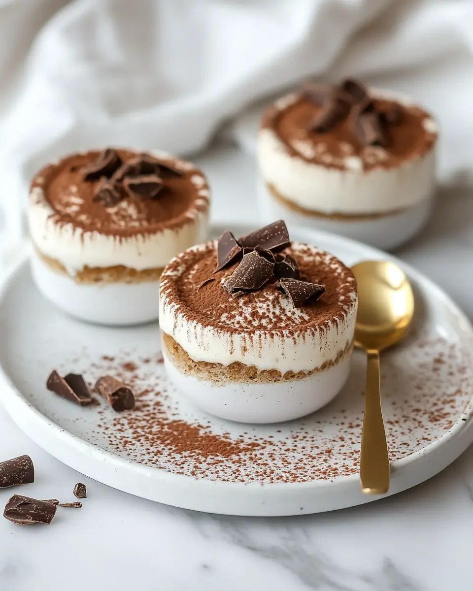 Mini tiramisu served in white ramekins, topped with cocoa powder and dark chocolate shavings on a white plate with gold spoon
