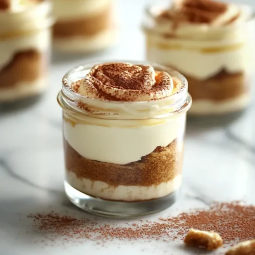 Elegant mini tiramisu cup in a small jar with layered mascarpone and coffee-soaked sponge, topped with cocoa