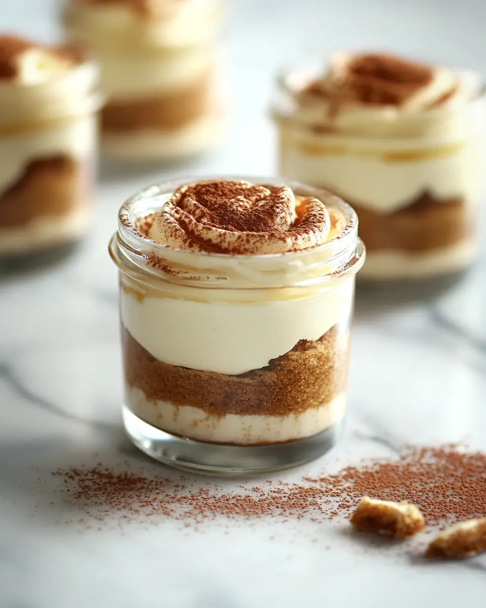 Elegant mini tiramisu cup in a small jar with layered mascarpone and coffee-soaked sponge, topped with cocoa