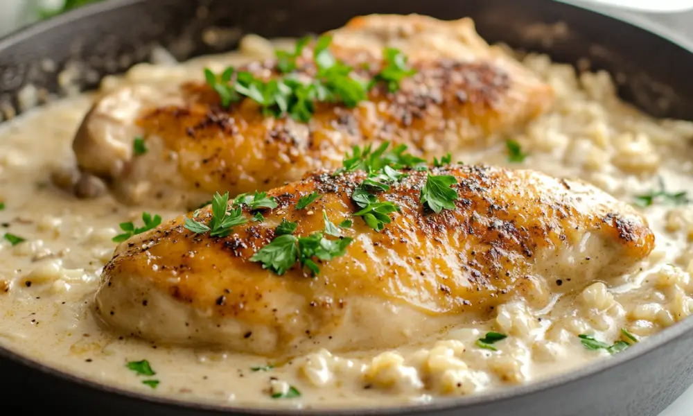 Creamy smothered chicken breasts in golden gravy served with fluffy white rice in a black cast iron skillet, garnished with fresh parsley.