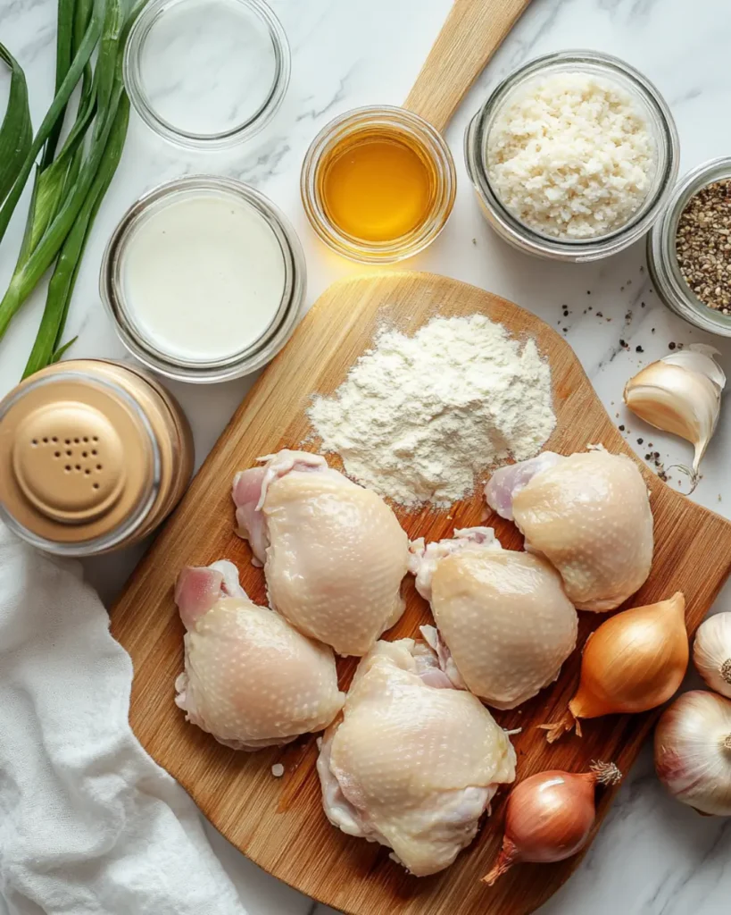 Raw chicken thighs on a wooden board surrounded by flour, onions, garlic, cream, oil, and seasonings – ingredients for smothered chicken and rice.