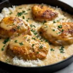 Golden brown chicken thighs smothered in creamy gravy over white rice, garnished with chopped parsley in a black skillet