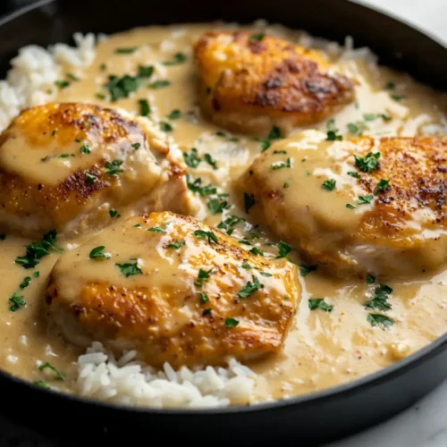 Golden brown chicken thighs smothered in creamy gravy over white rice, garnished with chopped parsley in a black skillet