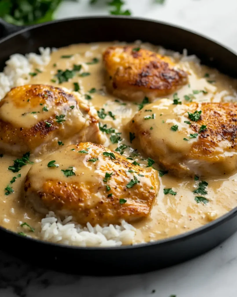 Golden brown chicken thighs smothered in creamy gravy over white rice, garnished with chopped parsley in a black skillet