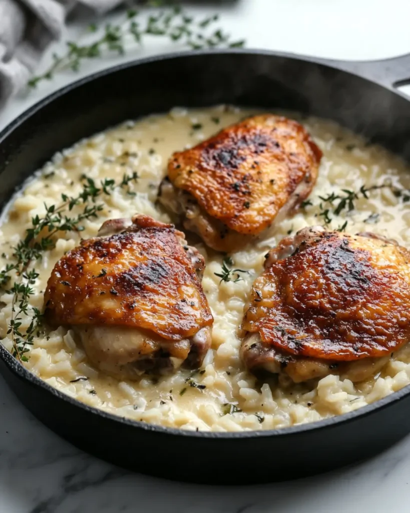 Golden crispy chicken thighs simmered in creamy rice and herbs in a black cast iron skillet, garnished with fresh thyme