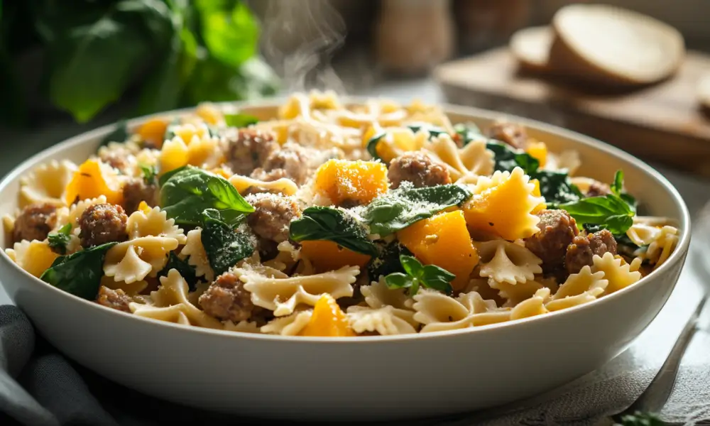 Easy Butternut Squash Bow Tie Pasta with Sausage and Spinach 1 Easy Butternut Squash Bow-Tie Pasta with Sausage and Spinach