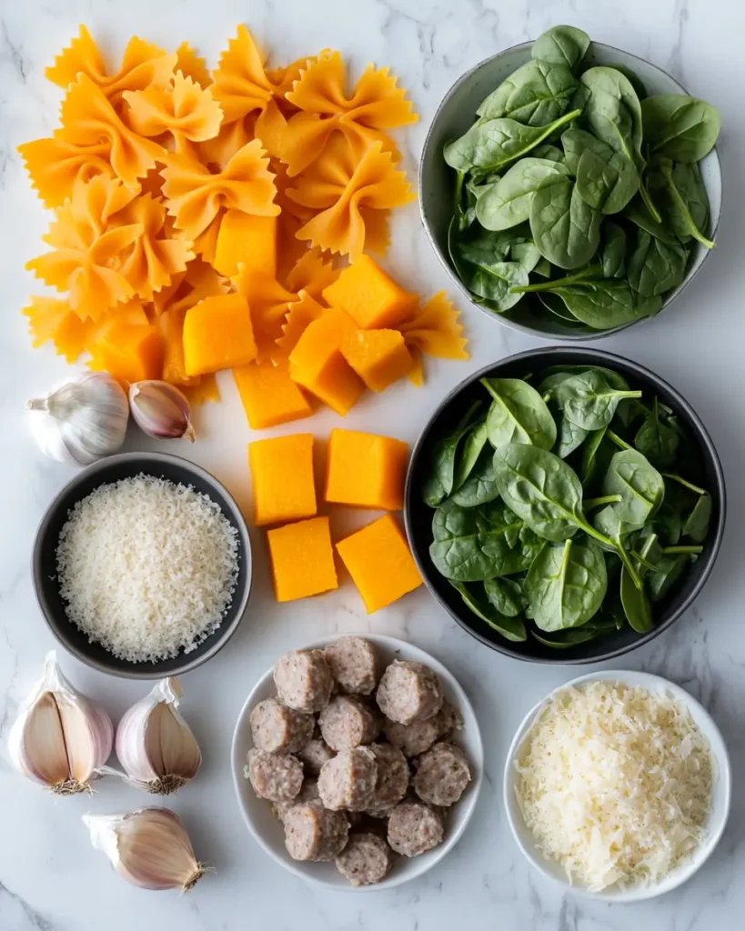Easy Butternut Squash Bow Tie Pasta with Sausage and Spinach INGREDIENT Easy Butternut Squash Bow-Tie Pasta with Sausage and Spinach