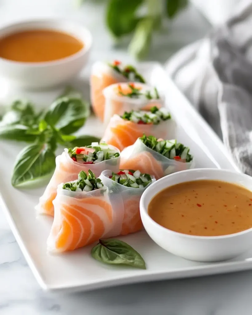 Fresh Salmon Spring Rolls Recipe With Peanut Dipping Sauce Fresh Salmon Spring Rolls Recipe With Peanut Dipping Sauce
