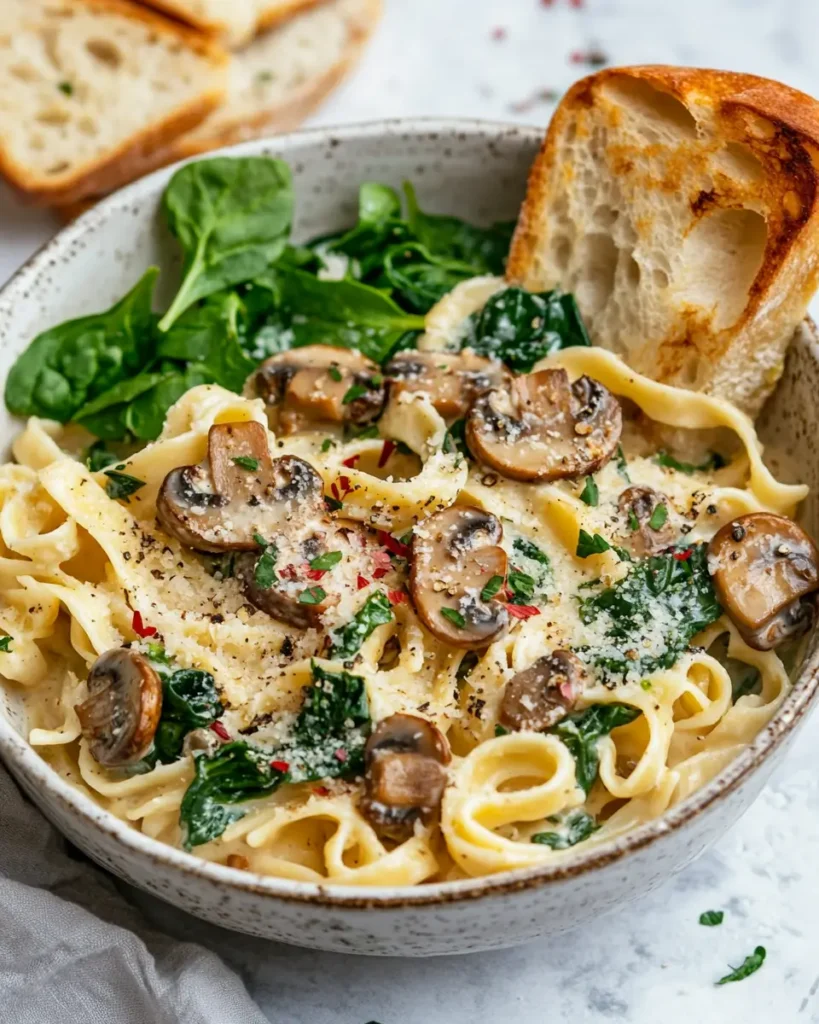 Parmesan Spinach Mushroom Pasta Skillet serving Parmesan Spinach Mushroom Pasta Skillet