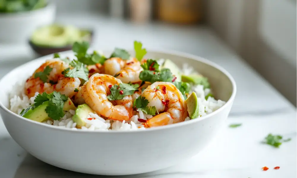 Spicy Shrimp and Avocado Rice Bowl with Lemon Spicy Shrimp and Avocado Rice Bowl with Lemon