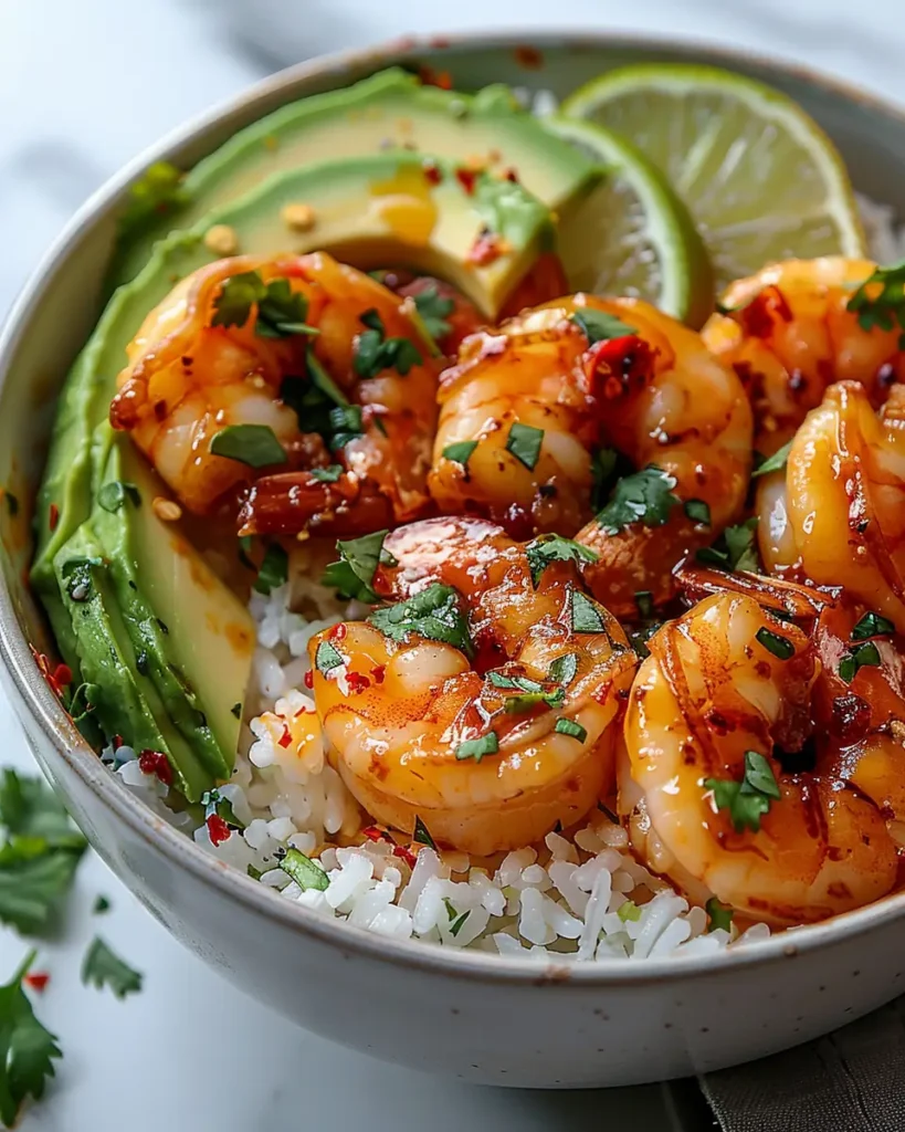 Spicy Shrimp and Avocado Rice Bowl with Limon Spicy Shrimp and Avocado Rice Bowl with Lemon